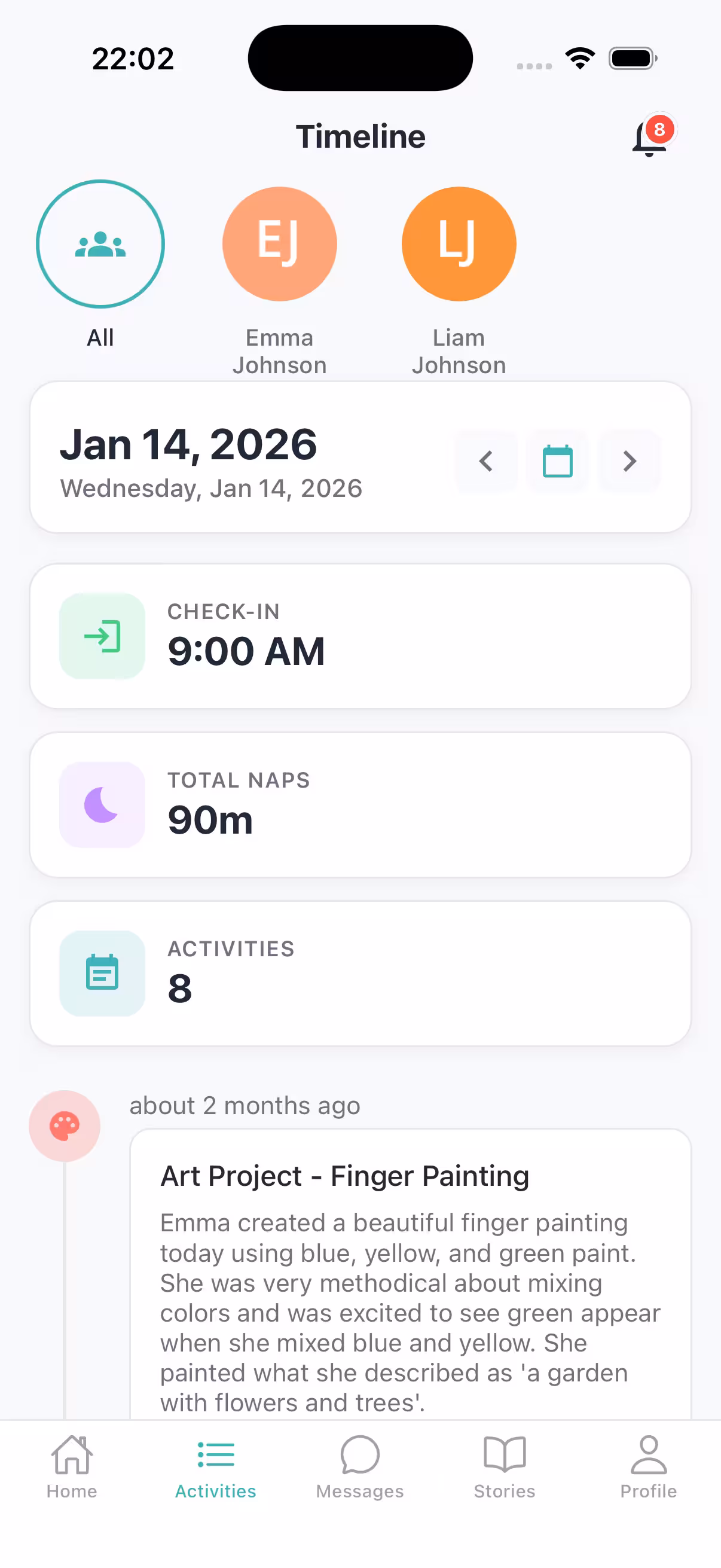 Rawdly mobile app screenshot: child profile and daily overview for parents